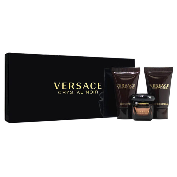 VERSACE CRYSTAL NOIR VON VERSACE FÜR DAMEN - 3 - TEILIGES MINI - GESCHENKSET. 5 ML EDT SPLASH. 0.8 OZ BAD UND DUSCHE 5 ML