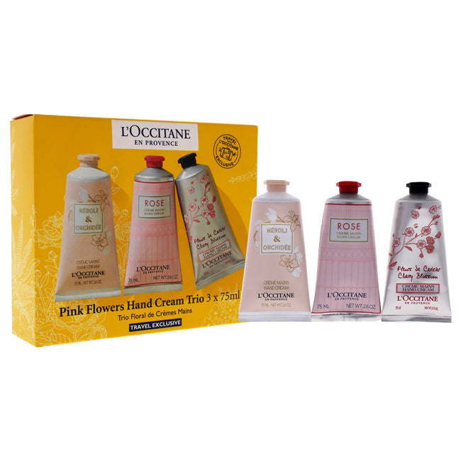 PINK FLOWERS HANDCREME - TRIO VON LOCCITANE FÜR UNISEX - 3 X 2.6 OZ PIVOINE FLORA HANDCREME. ROSES ET REINES HAND - UND NAGELCREME. CHERRY BLOSSOM HANDCREME 3 X 77 ML